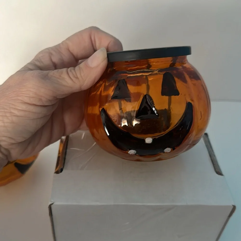 2pc Orange Glass Pumpkin Jack-O-Lantern Tea Light Candle Holders Halloween Decor